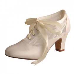 ELLEN-V62 Ivory Satin Lace Block Heel Short Bridal Wedding Ankle Boots