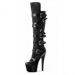 DELIGHT Sexy Black Platform 6 Inch Heel Knee High Boots Buckle