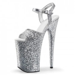 INFINITY Silver Glitter 9 Inch Heel Platform Ankle Strap Sandals