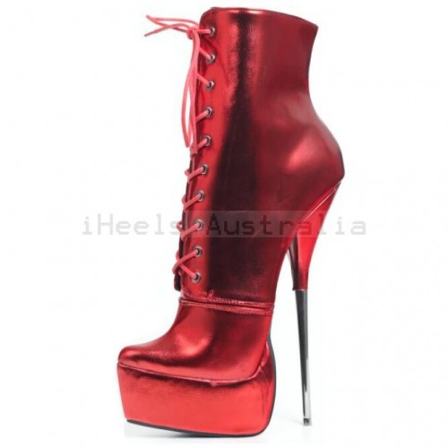 SCREAM Red Metallic Fetish 8 Inch Metal Heel Ankle Boots