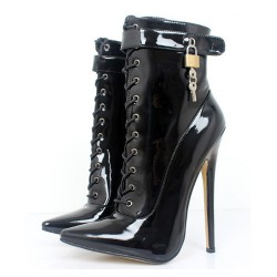 DAGGER Black Lockable 7 Inch High Heel Ankle Boots Lace Up with Pedlock