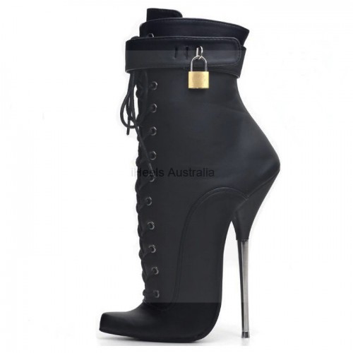 SCREAM Black Lockable Ankle Boots Fetish 7 Inch Metal Heel