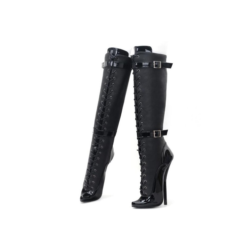 SCREAM Sexy Black 7 Inch High Heel Knee High Boots Buckle Lace Up