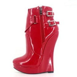 GAGA Red Fetish 7 Inch Wedge Heel Ankle Boots Twin Buckles