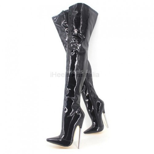 DAGGER Black Fetish 7 inch Metal Heel Crotch High Boots