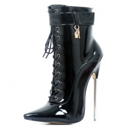 DAGGER Fetish Black 7 Inch Metal High Heel Ankle Boots Lace Up