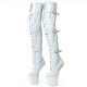 White Patent 8 Inch Heelless Platform Boots Thigh High Buckle