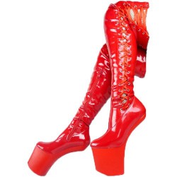 HEELLESS Platform Boots Thigh High Side Lace Up 8 Inch Red