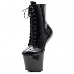 Black Patent 8 Inch Heelless Platform Boots Ankle Lace Up Front