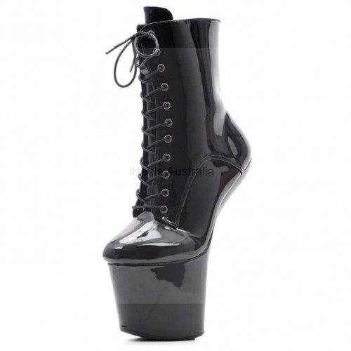 Black Patent 8 Inch Heelless Platform Boots Ankle Lace Up Front