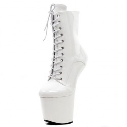 White Patent 8 Inch Heelless Platform Boots Ankle Lace Up Front