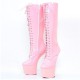 Pink 8 Inch Heelless Platform Boots Knee High Lace Up Front