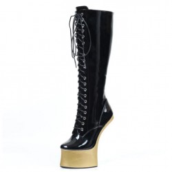 HEELLESS Pony Play Boots Knee High Lace Up Black/Gold