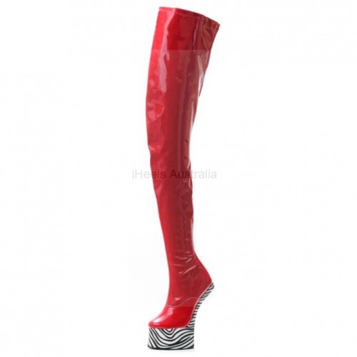 HEELLESS Red/Zebra Pony Play Boots Thigh High Stretch