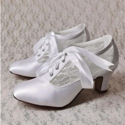 ELLEN White Satin/Lace Wedding Booties Block Heel