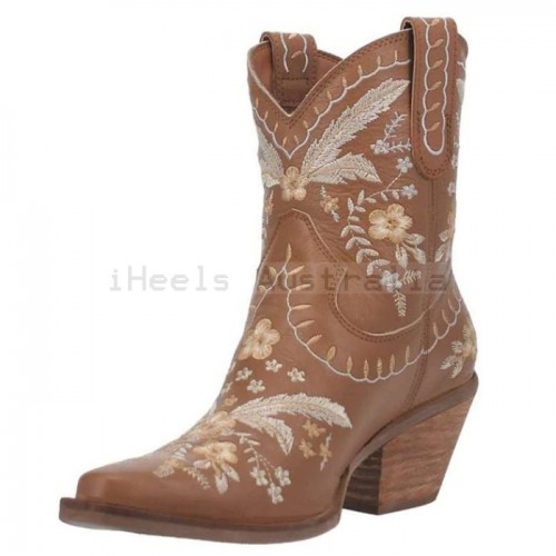 Cute Brown Embroidery Ankle Cowgirl Boots