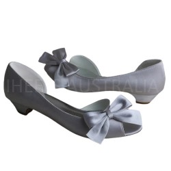 ELLEN Grey Open Toe Wedding Low Heels with Bow