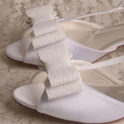 ELLEN Bow White T Bar Wedding Shoes Low Heels Upclose