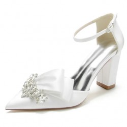 BELLA White Sparkly Wedding Shoes Block Heel with Bow