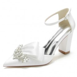 BELLA White Sparkly Wedding Block Heels with Bow