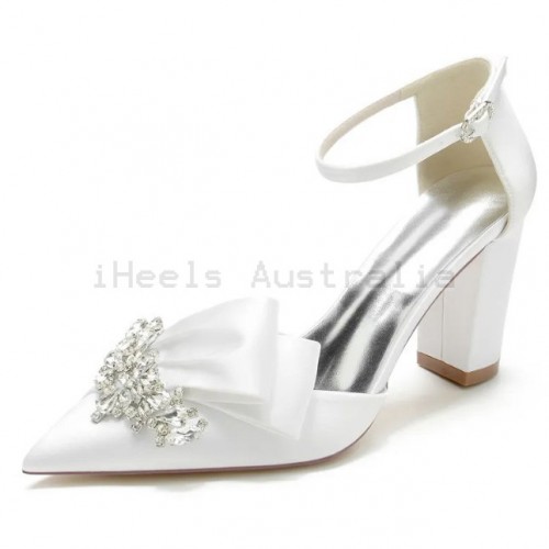 BELLA White Sparkly Wedding Shoes Block Heel with Bow
