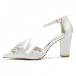 BELLA White Sparkly Wedding Shoes Block Heel with Bow