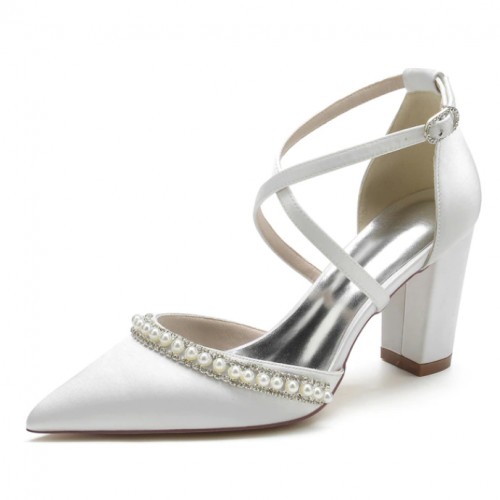 BELLA White Pearl Wedding Block Heels