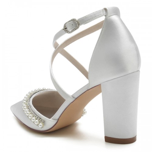 BELLA White Pearl Wedding Block Heels | iHeels Australia