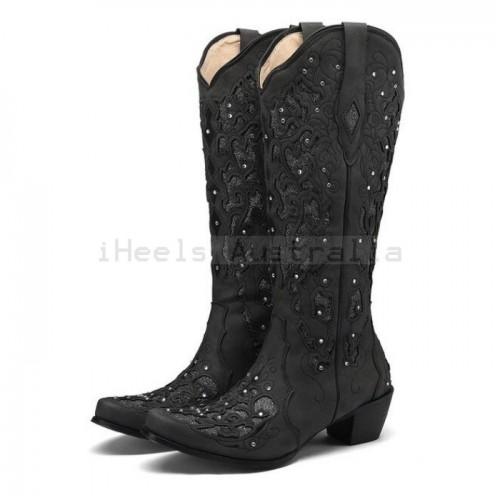 CUTE Black Sparkly Knee High Cowgirl Boots