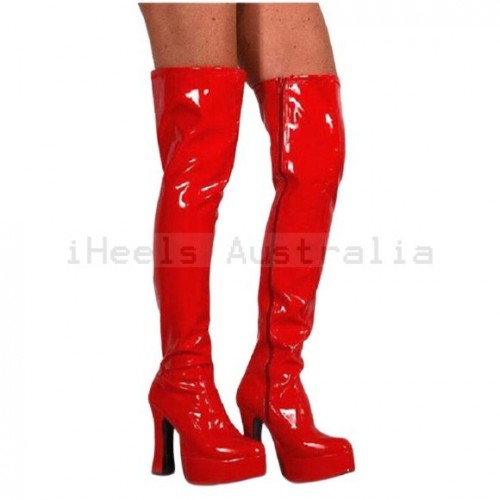 GAGA Red Tall Gogo Boots Platform Thigh High Stretch