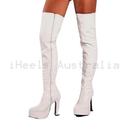 GAGA White Patent Tall Gogo Boots Platform Thigh High Stretch