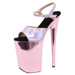 GAGA Pink Holographic 9 Inch Heel Platform Ankle Strap Sandals