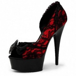 DELIGHT Black/Red 6 Inch Lace Ruffle Peep Toe Platform Heels
