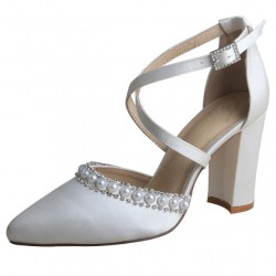 ELLEN Ivory Closed Toe Bridal Block Heels with Pearls