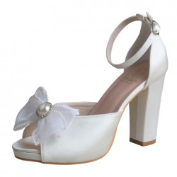 ELLEN Ivory Wedding Shoes Platform Block Heel with Tulle Bow