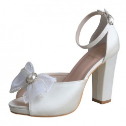 ELLEN Ivory Wedding Block Heels with Platform and Tulle Bow