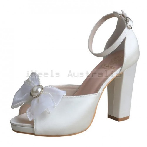 ELLEN Ivory Wedding Shoes Block Heel with Platform and Tulle Bow