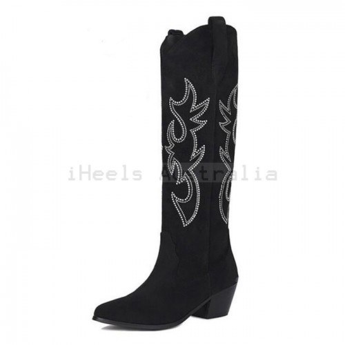 CUTE Black Glitter Rhinestone Knee High Cowgirl Boots