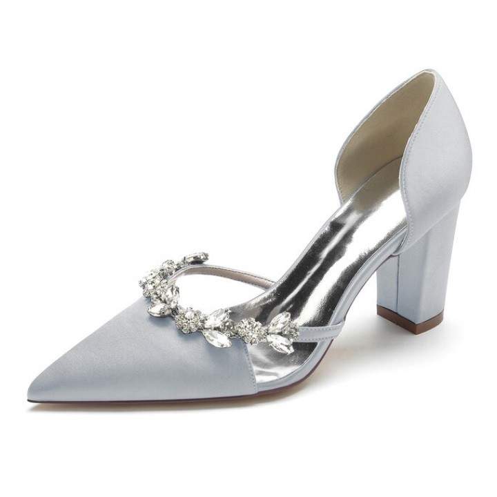 Classy White Rhinestone Satin Wedding Shoes 2024 6 cm Pointed Toe Wedding  Pumps High Heels Block Heels