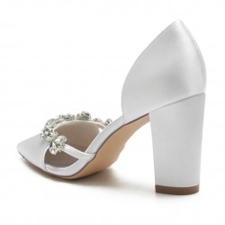 BELLA White Wedding Shoes Block Heel with Crystal