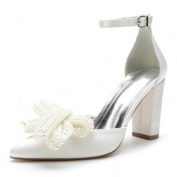 BELLINA Ivory Wedding Shoes Block Heel with Statement Pearl Bow