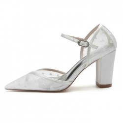 BELLA White Mesh Closed Toe Wedding Shoes Block Heel