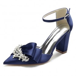 BELLA Navy Blue Sparkly Wedding Shoes Block Heel with Bow