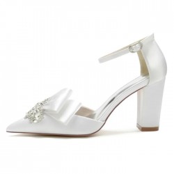 BELLA White Crystal Wedding Shoes Block Heel with Bow