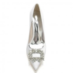 BELLA Sparkly White Wedding Block Heels Pointed Toe with Crystal Buckle