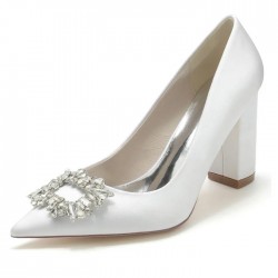 BELLA Sparkly Pointed Toe White Wedding Block Heels