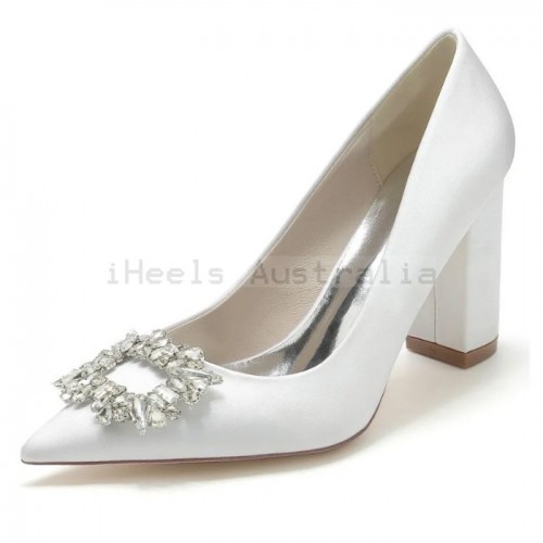 BELLA Sparkly White Wedding Block Heels Pointed Toe with Crystal Buckle