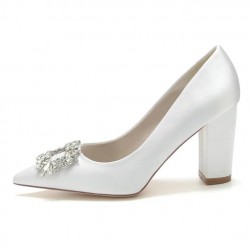 BELLA White Pointy Toe Wedding Block Heels with Sparkly Buckle