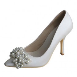 ELLEN Ivory Satin Pointy Bridal High Heel Pumps with Pearl