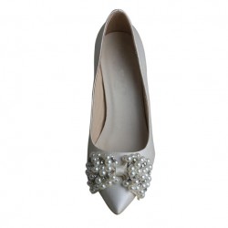 ELLEN Ivory Satin Pointy Bridal High Heel Pumps with Pearl Front